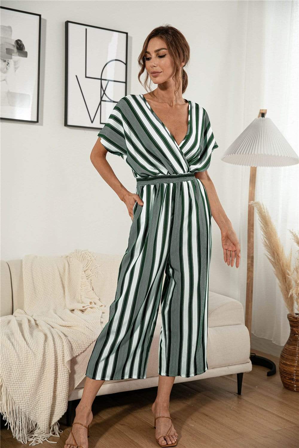 Anna-Kaci Striped Jumpsuit Romper V Neck Short Sleeve Wide Leg for Women