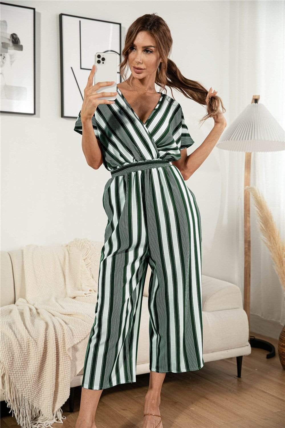 Anna-Kaci Striped Jumpsuit Romper V Neck Short Sleeve Wide Leg for Women