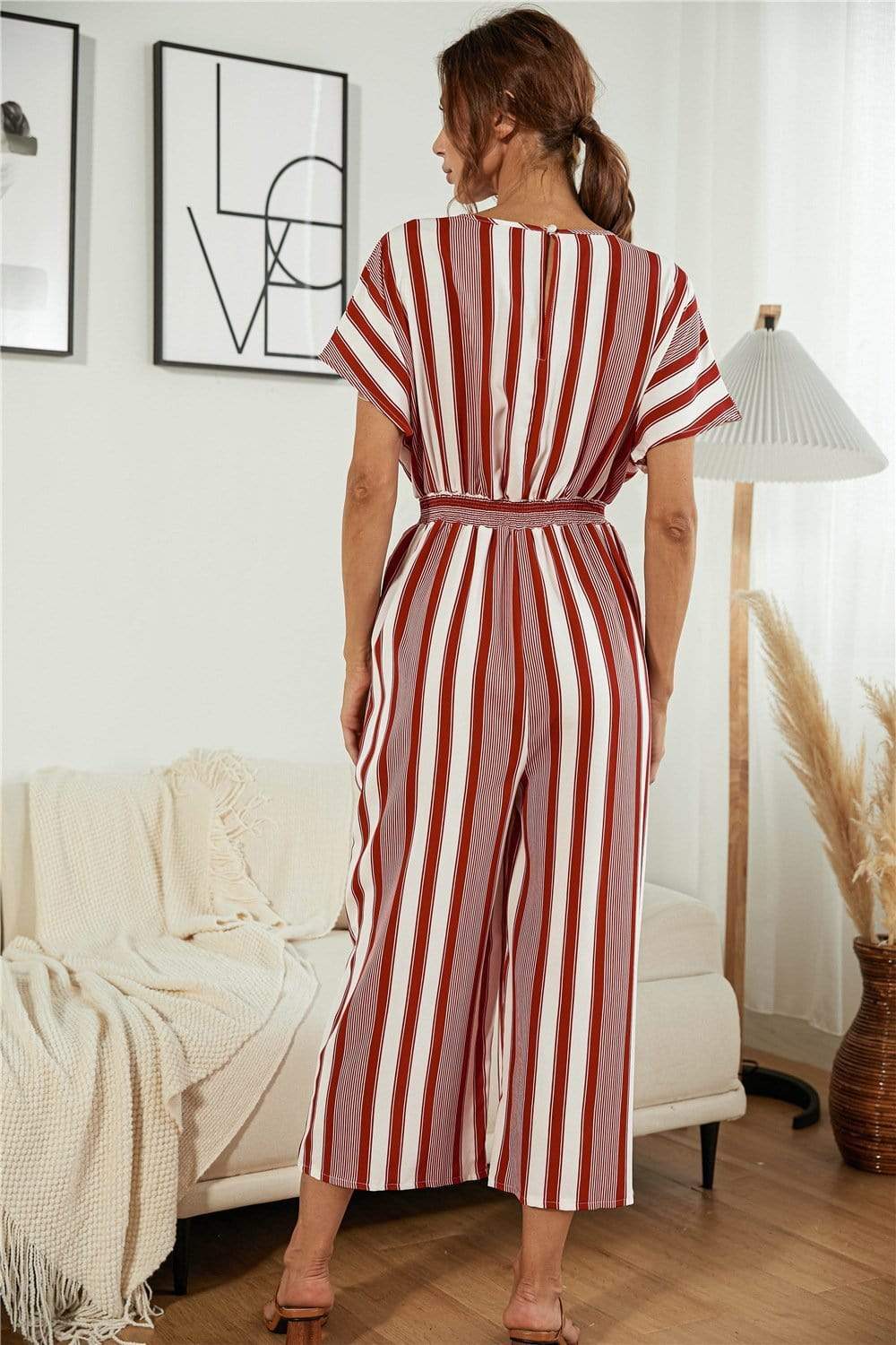 Anna-Kaci Striped Jumpsuit Romper V Neck Short Sleeve Wide Leg for Women