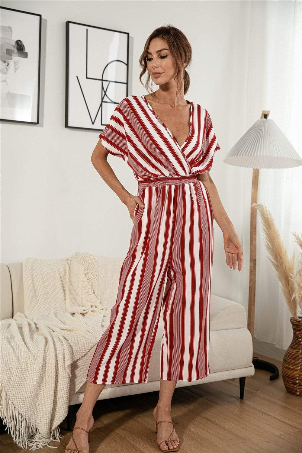 Anna-Kaci Striped Jumpsuit Romper V Neck Short Sleeve Wide Leg for Women
