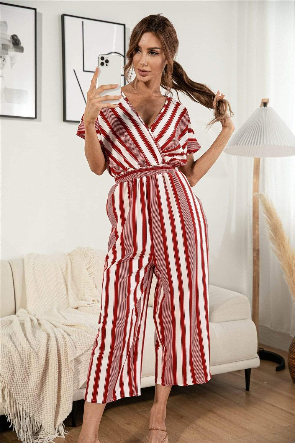 Anna-Kaci Striped Jumpsuit Romper V Neck Short Sleeve Wide Leg for Women