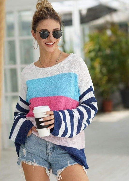 Anna-Kaci Striped Knitted Color Block Long Sleeve Light Sweater Top for Women