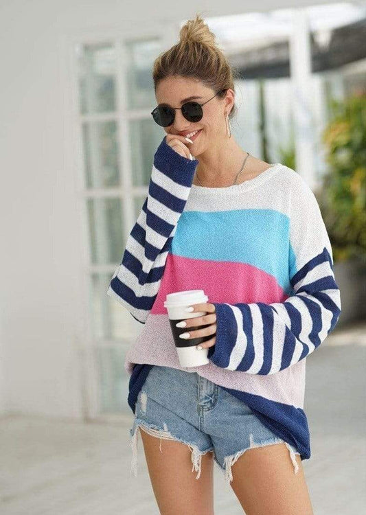 Anna-Kaci Striped Knitted Color Block Long Sleeve Light Sweater Top for Women