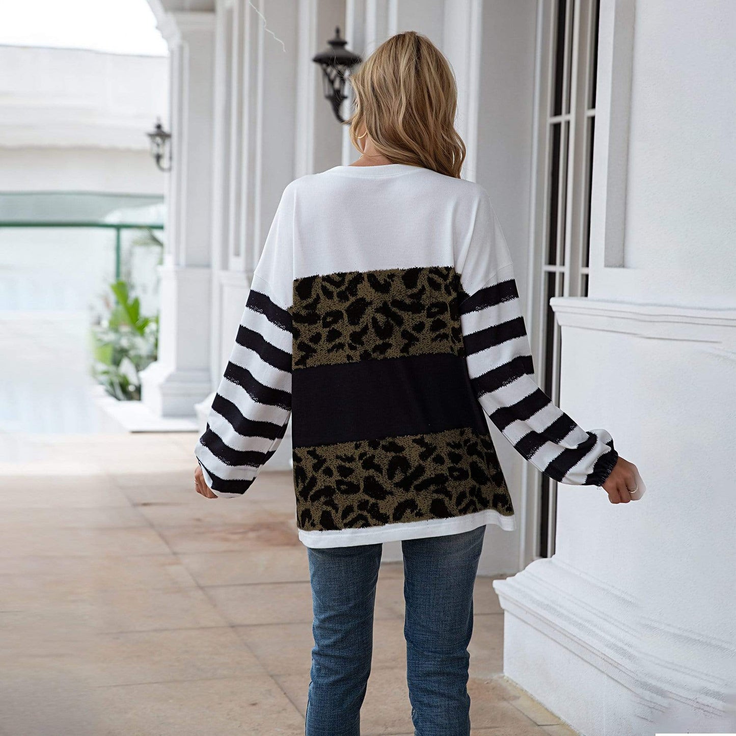 Anna-Kaci Striped Leopard Color Block Long Sleeve Pull Over Top for Women