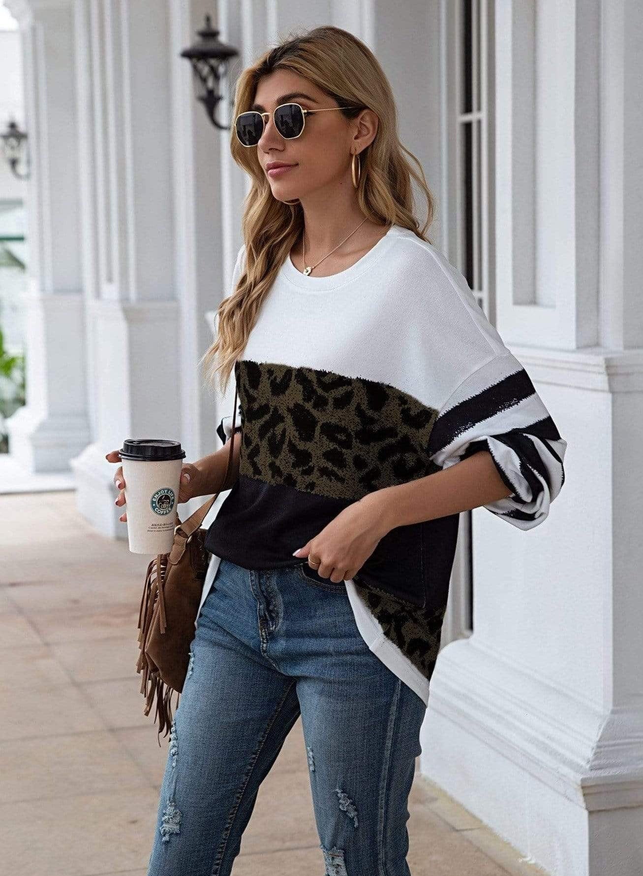 Anna-Kaci Striped Leopard Color Block Long Sleeve Pull Over Top for Women