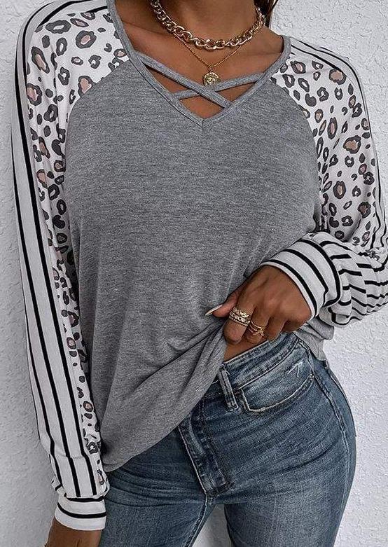 Anna-Kaci Striped Leopard Print Long Sleeve V-Neck Top for Women Large 8-10 / Gray