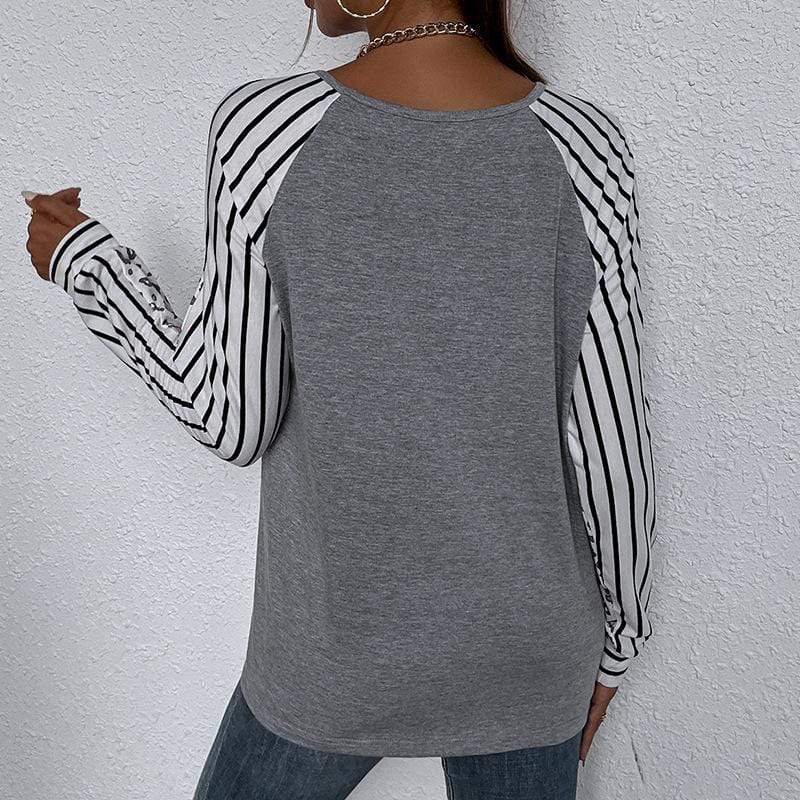 Anna-Kaci Striped Leopard Print Long Sleeve V-Neck Top for Women