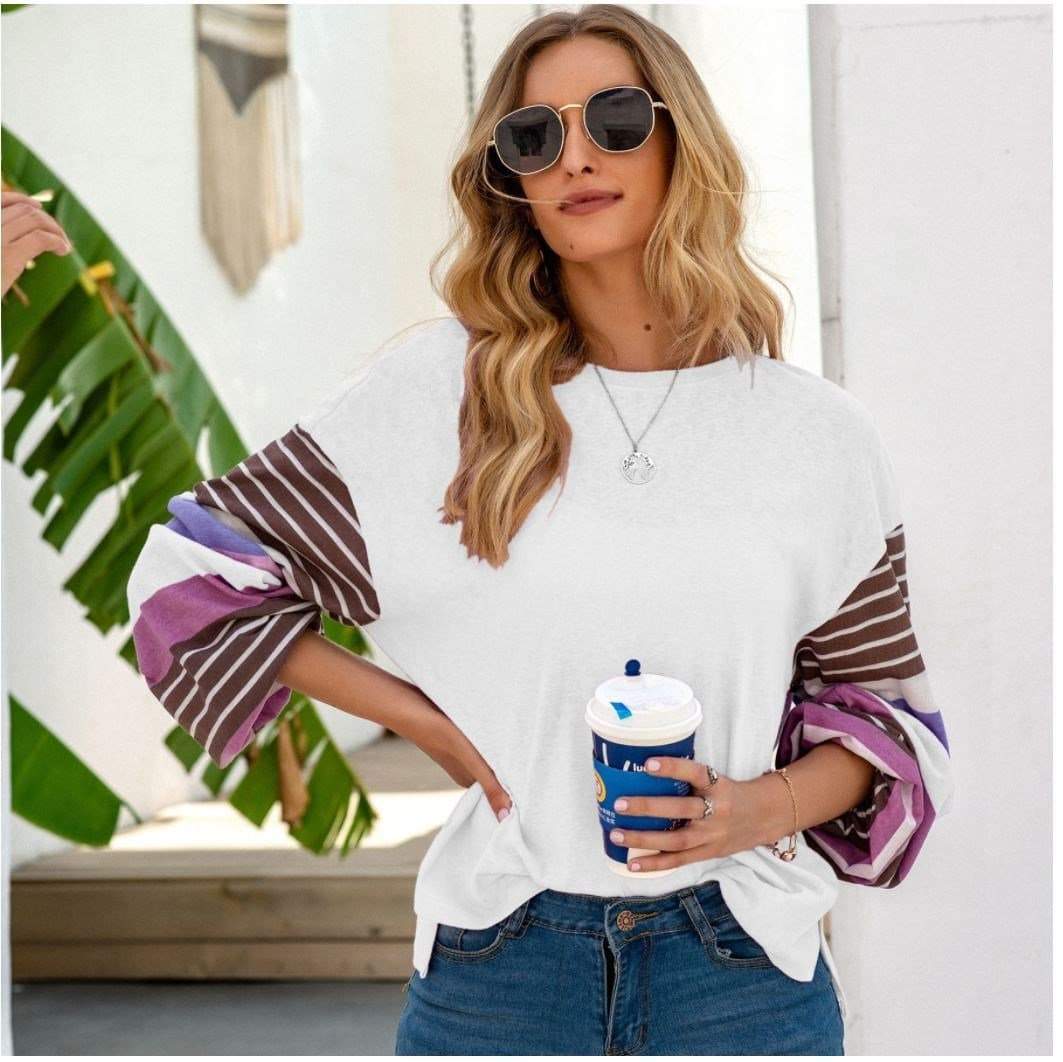 Anna-Kaci Striped Long Sleeve Tunic Top with Round Neck Pullover for Women Small 0-4 / White