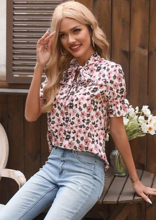 Anna-Kaci Tied Neck Floral Print Blouse Top Short Sleeve for Women