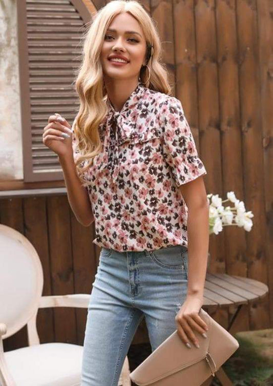 Anna-Kaci Tied Neck Floral Print Blouse Top Short Sleeve for Women Small 0-4