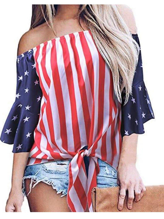 Anna-Kaci Trumpet Sleeve Tie-Front American Flag Blouse | Anna-Kaci Small / Red