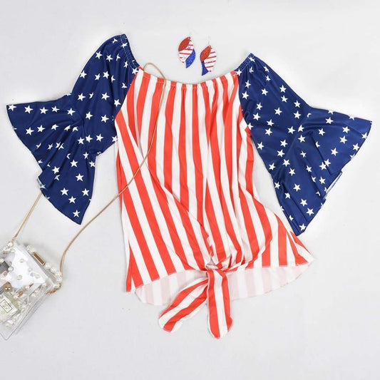 Anna-Kaci Trumpet Sleeve Tie-Front American Flag Blouse | Anna-Kaci