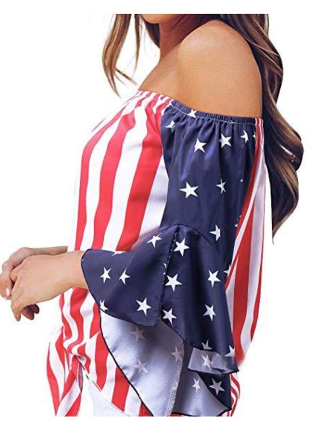 Anna-Kaci Trumpet Sleeve Tie-Front American Flag Blouse | Anna-Kaci
