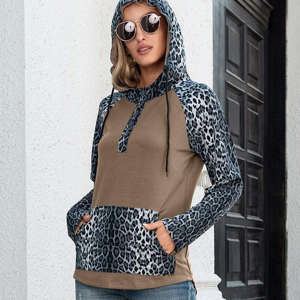 Anna-Kaci Two Tone Drawstring Kangaroo Pocket Leopard Print Hoodie for Women