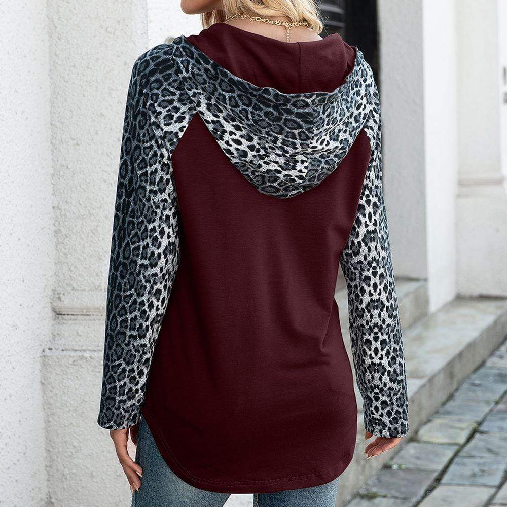 Anna-Kaci Two Tone Drawstring Kangaroo Pocket Leopard Print Hoodie for Women