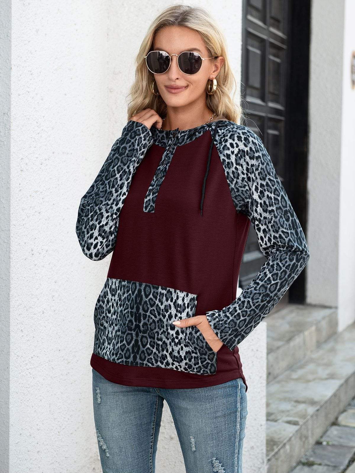 Anna-Kaci Two Tone Drawstring Kangaroo Pocket Leopard Print Hoodie for Women