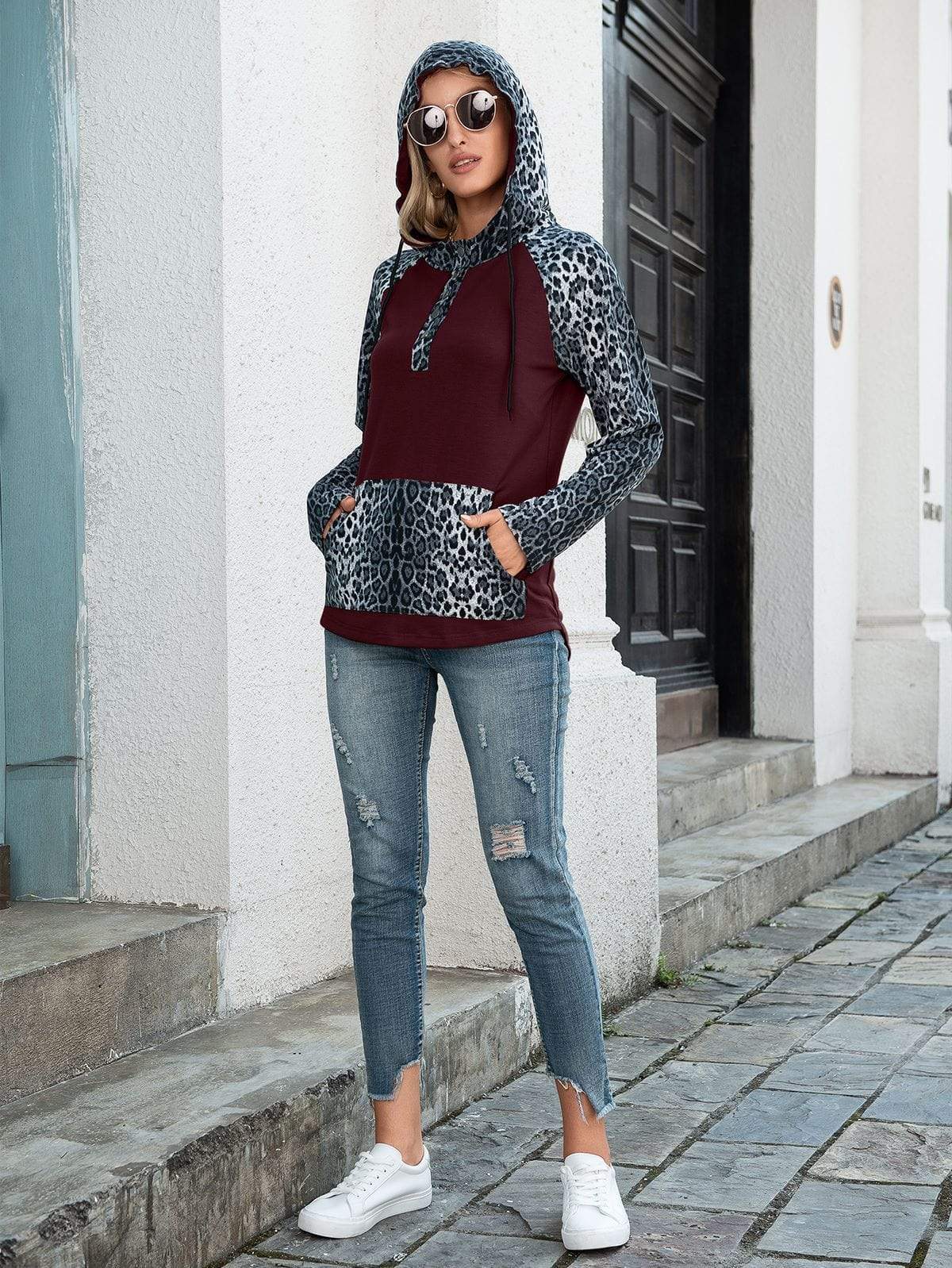 Anna-Kaci Two Tone Drawstring Kangaroo Pocket Leopard Print Hoodie for Women