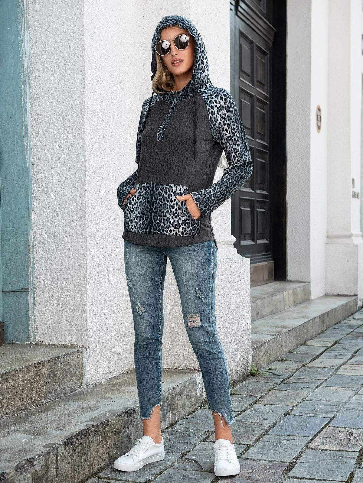 Anna-Kaci Two Tone Drawstring Kangaroo Pocket Leopard Print Hoodie for Women