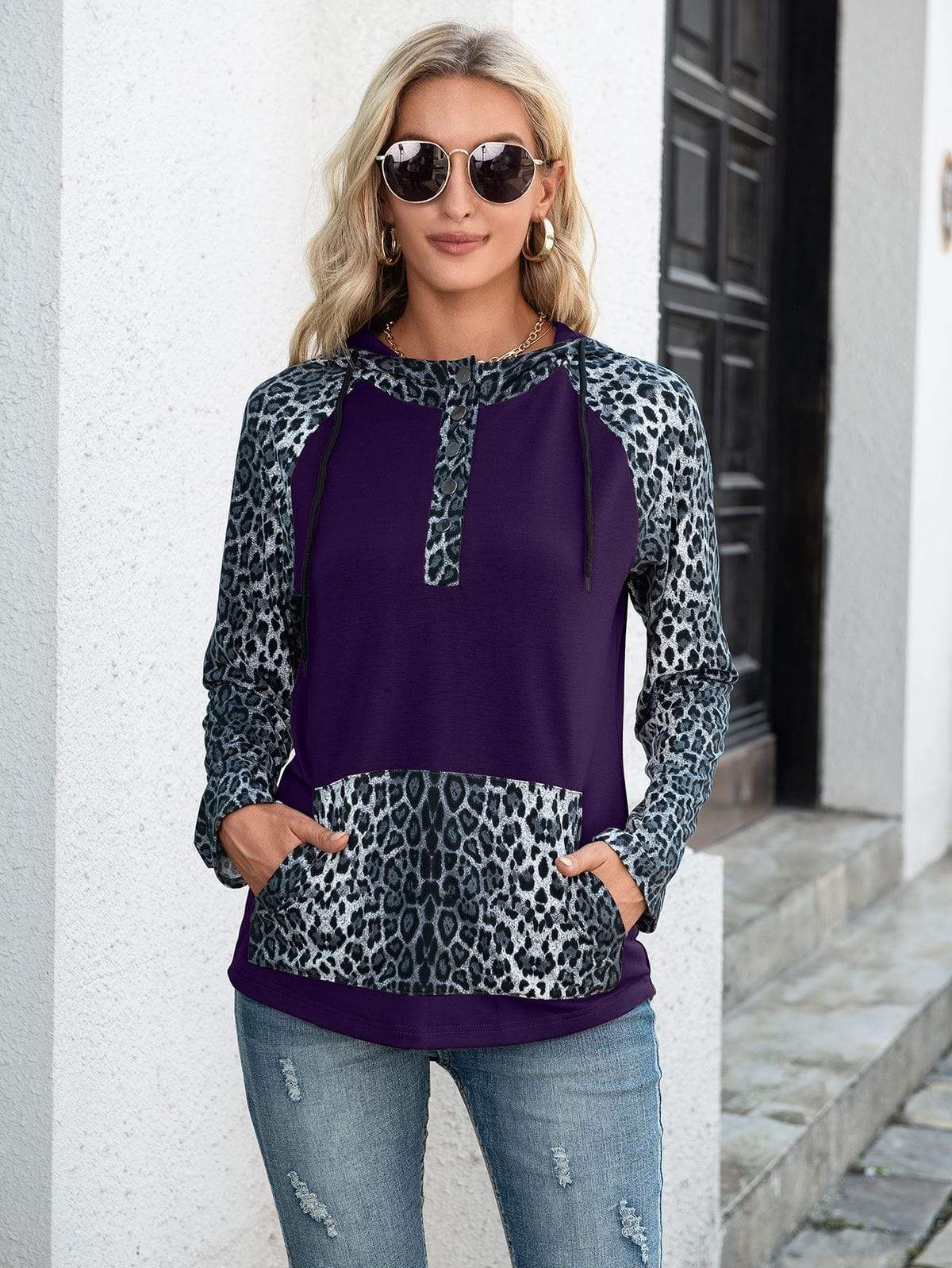 Anna-Kaci Two Tone Drawstring Kangaroo Pocket Leopard Print Hoodie for Women