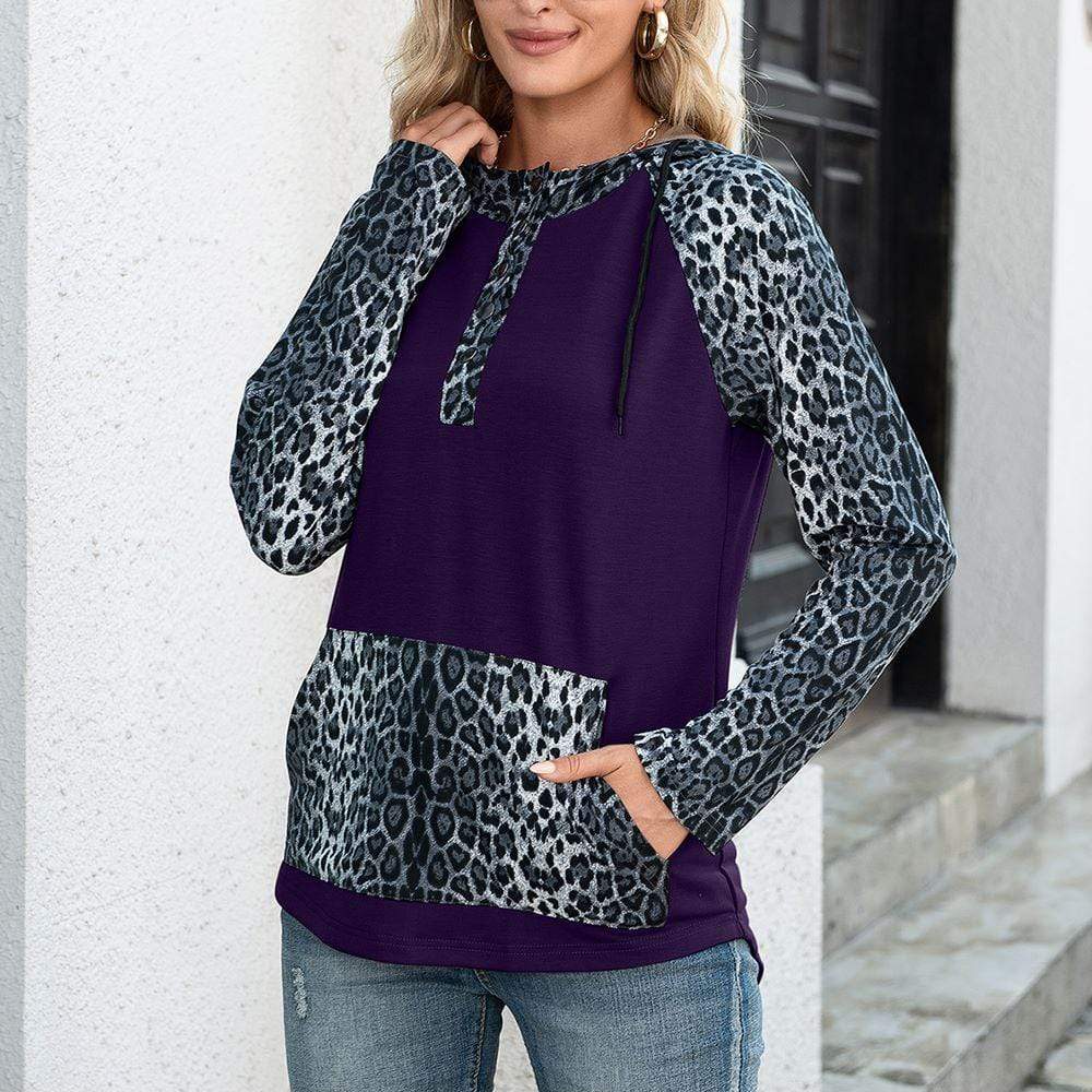 Anna-Kaci Two Tone Drawstring Kangaroo Pocket Leopard Print Hoodie for Women