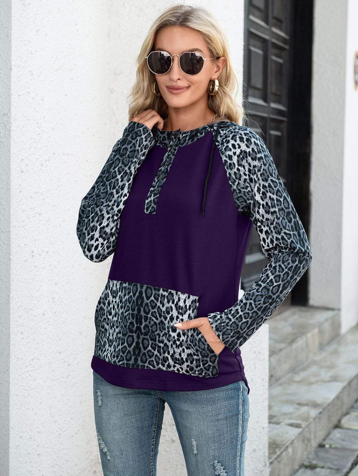 Anna-Kaci Two Tone Drawstring Kangaroo Pocket Leopard Print Hoodie for Women