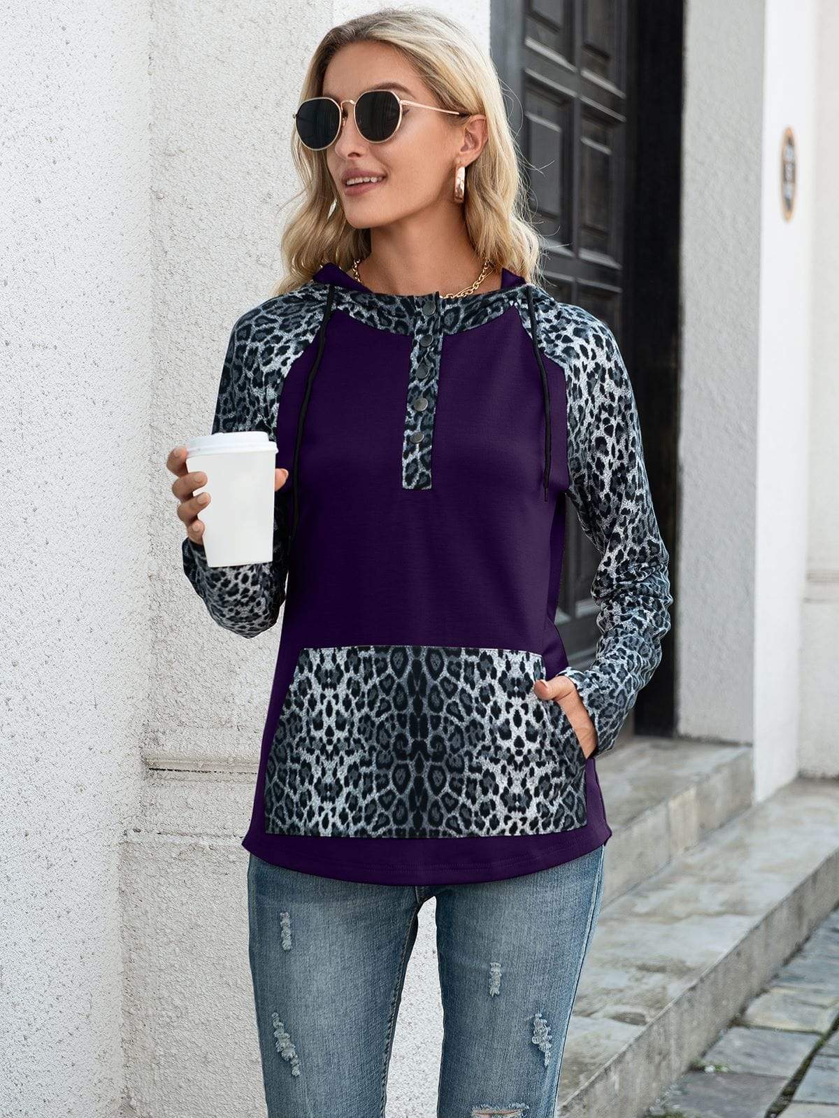 Anna-Kaci Two Tone Drawstring Kangaroo Pocket Leopard Print Hoodie for Women