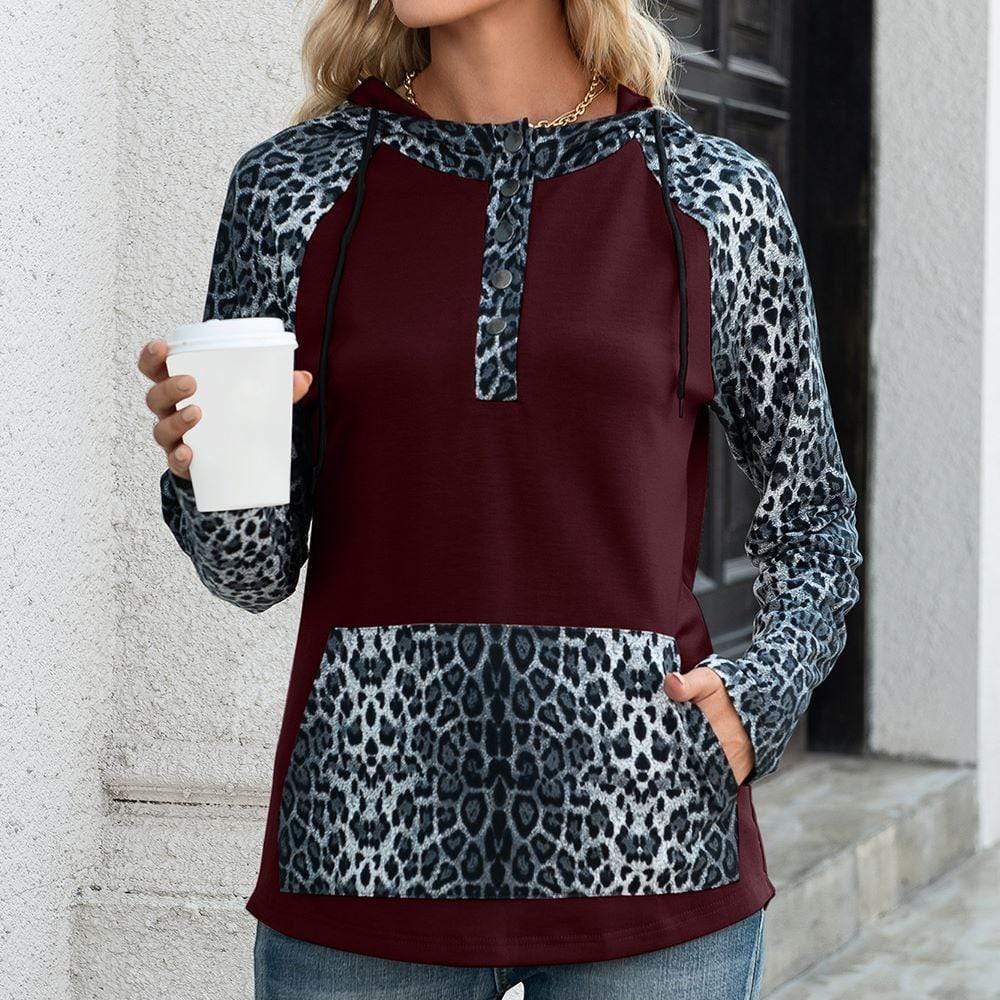 Anna-Kaci Two Tone Drawstring Kangaroo Pocket Leopard Print Hoodie for Women