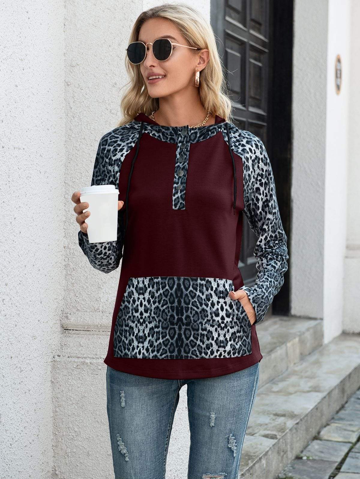 Anna-Kaci Two Tone Drawstring Kangaroo Pocket Leopard Print Hoodie for Women