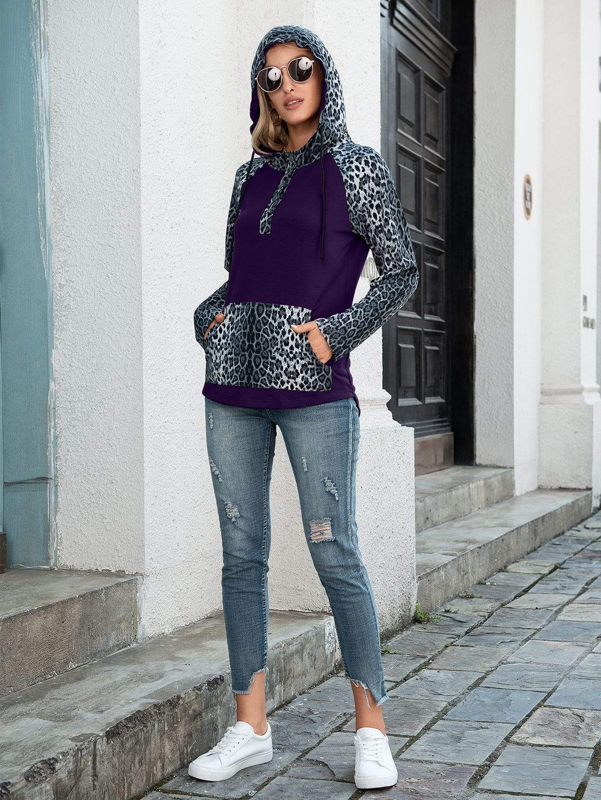 Anna-Kaci Two Tone Drawstring Kangaroo Pocket Leopard Print Hoodie for Women