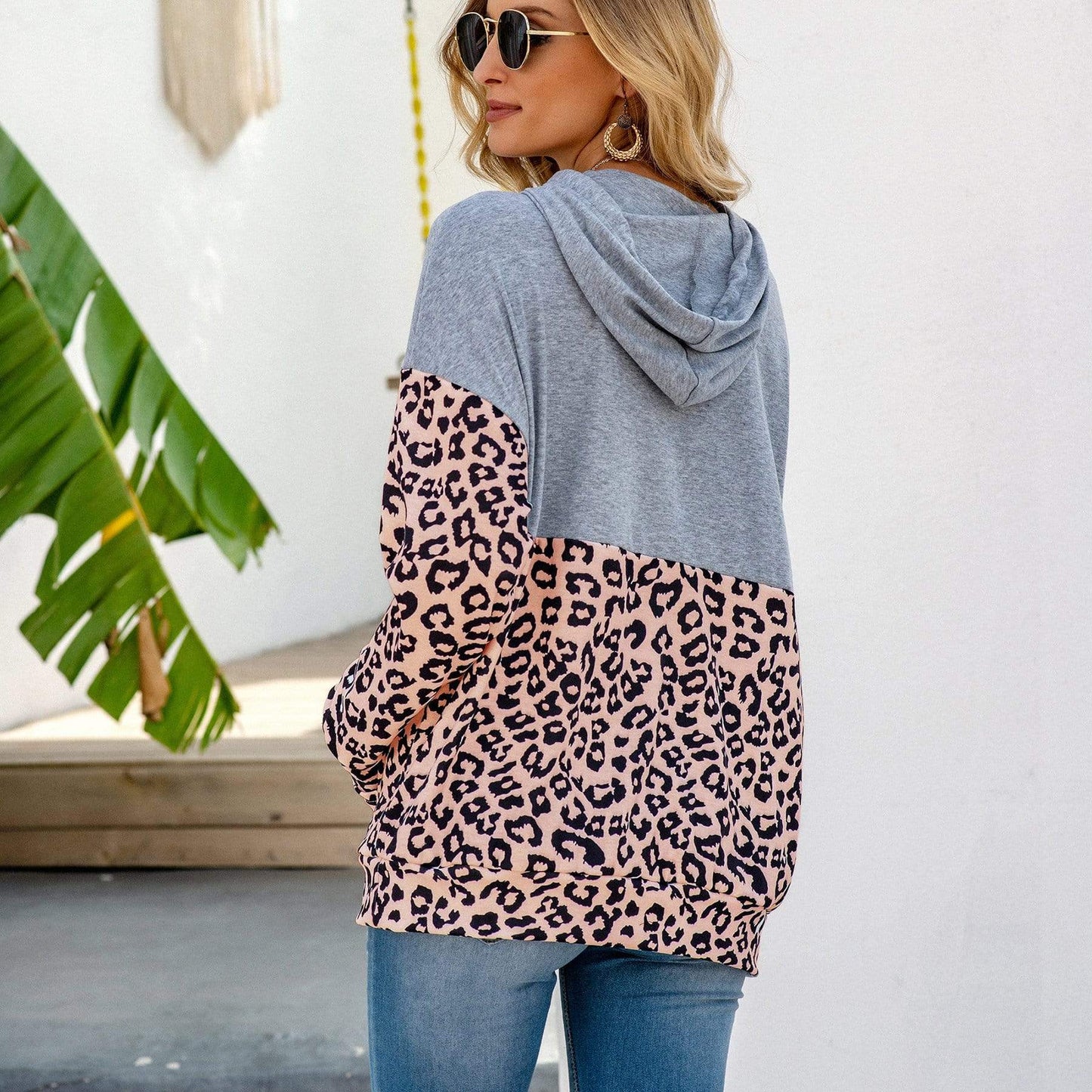 Anna-Kaci Two Tone Leopard Print Block Section Light Hoodie for Women