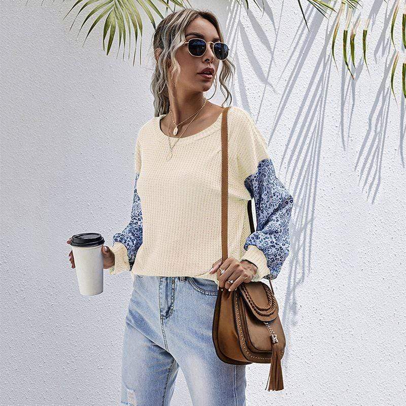 Anna-Kaci Two Tone Round Neck Floral Print Waffle Knit Sweater for Women