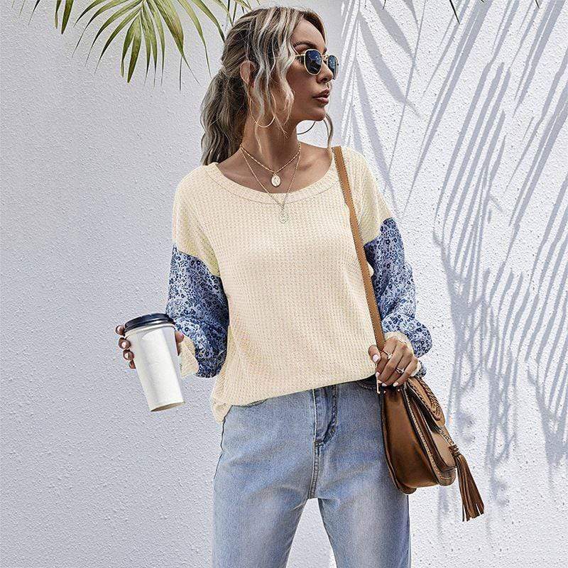 Anna-Kaci Two Tone Round Neck Floral Print Waffle Knit Sweater for Women
