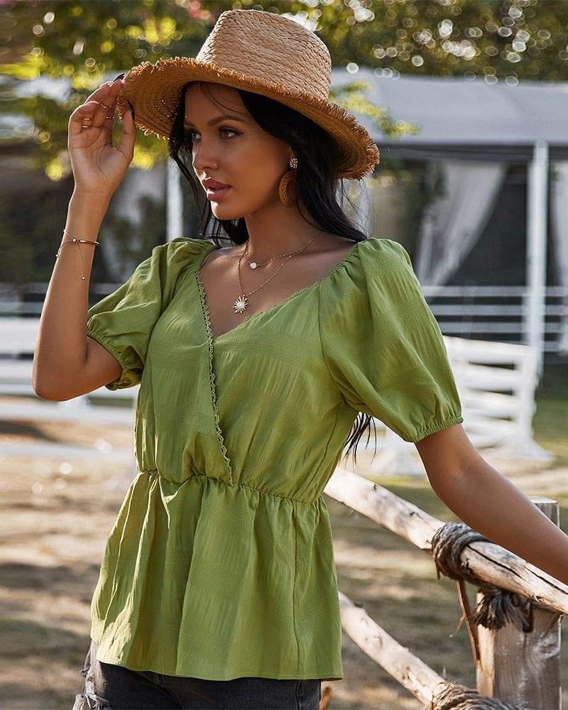 Anna-Kaci Two-Way Textured Off-Shoulder Blouse | Anna-Kaci Olive Green / Small 0-4