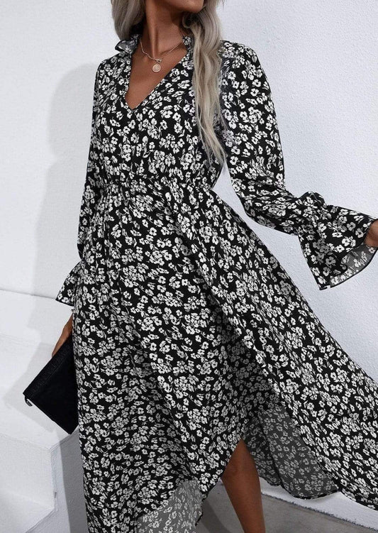 Anna-Kaci V Neck Collar Bishop Sleeve Floral Print High Low Dress for Women