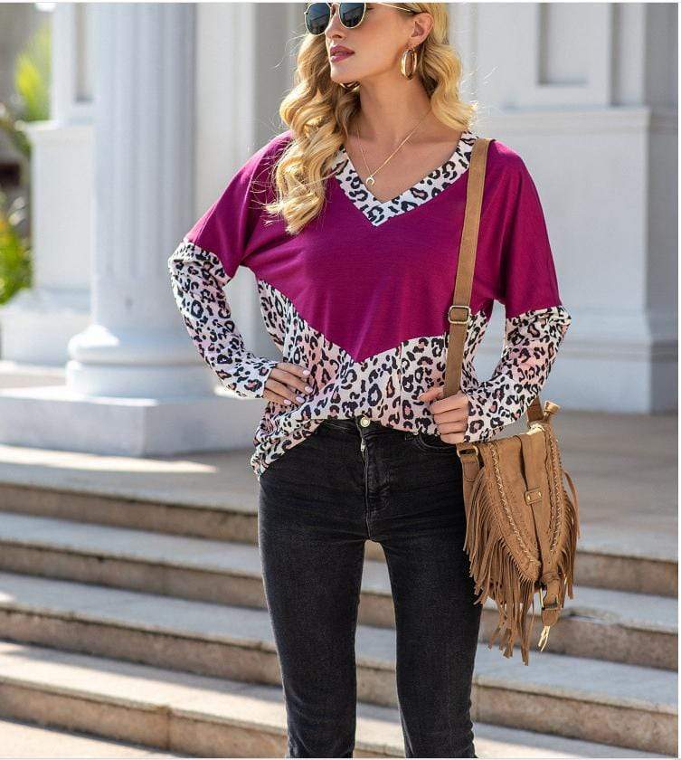 Anna-Kaci V Neck Color Block Leopard Print Loose Fit Long Sleeve Tee for Women