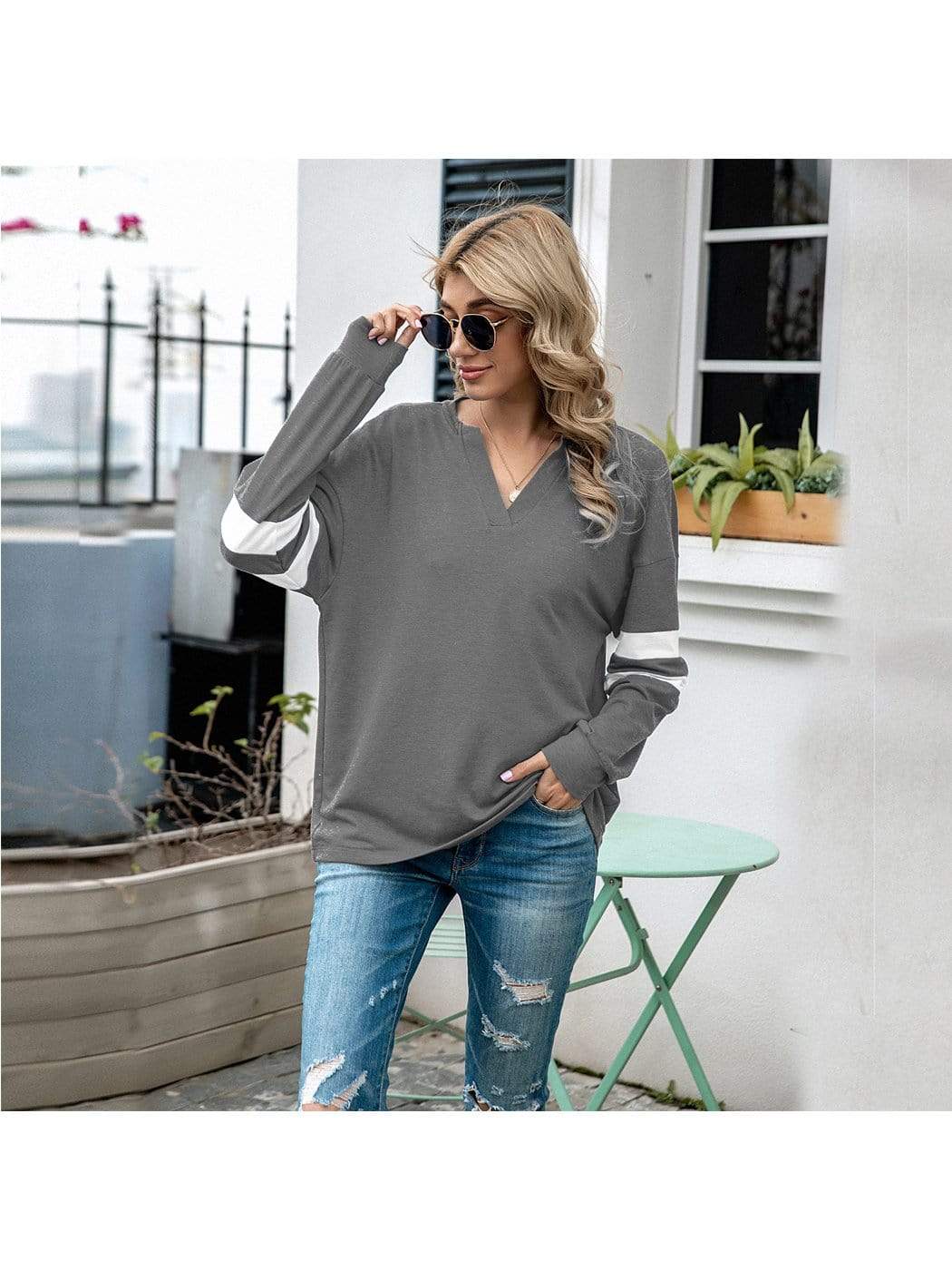 Anna-Kaci V Neck Contrast Striped Long Sleeve Oversized Sweater for Women 2XL / Gray