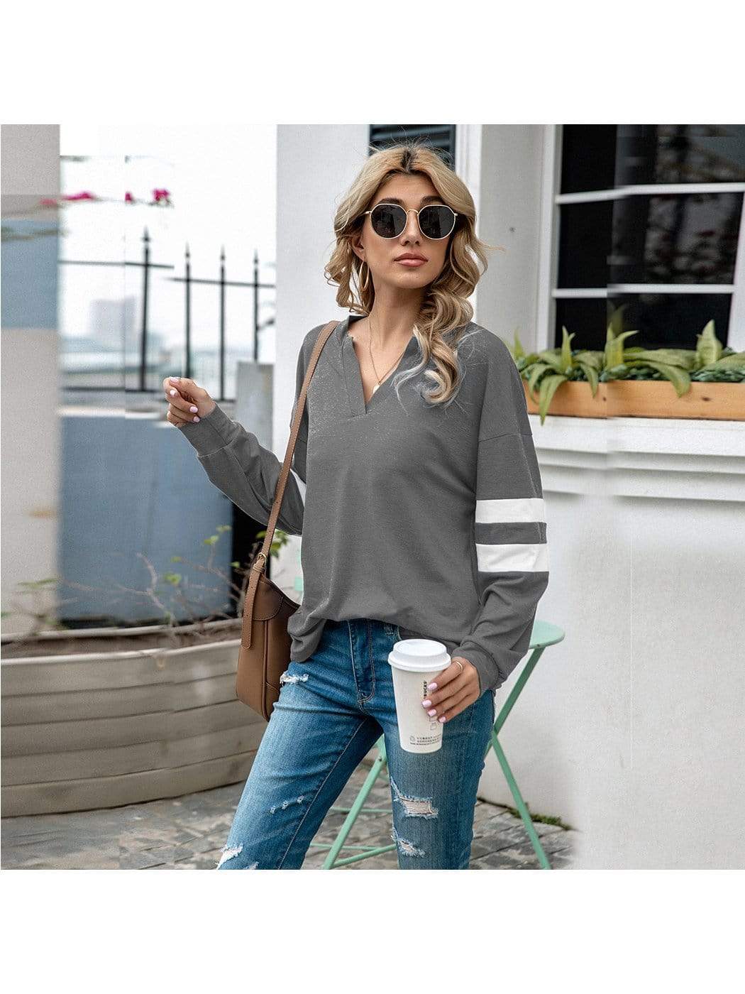 Anna-Kaci V Neck Contrast Striped Long Sleeve Oversized Sweater for Women