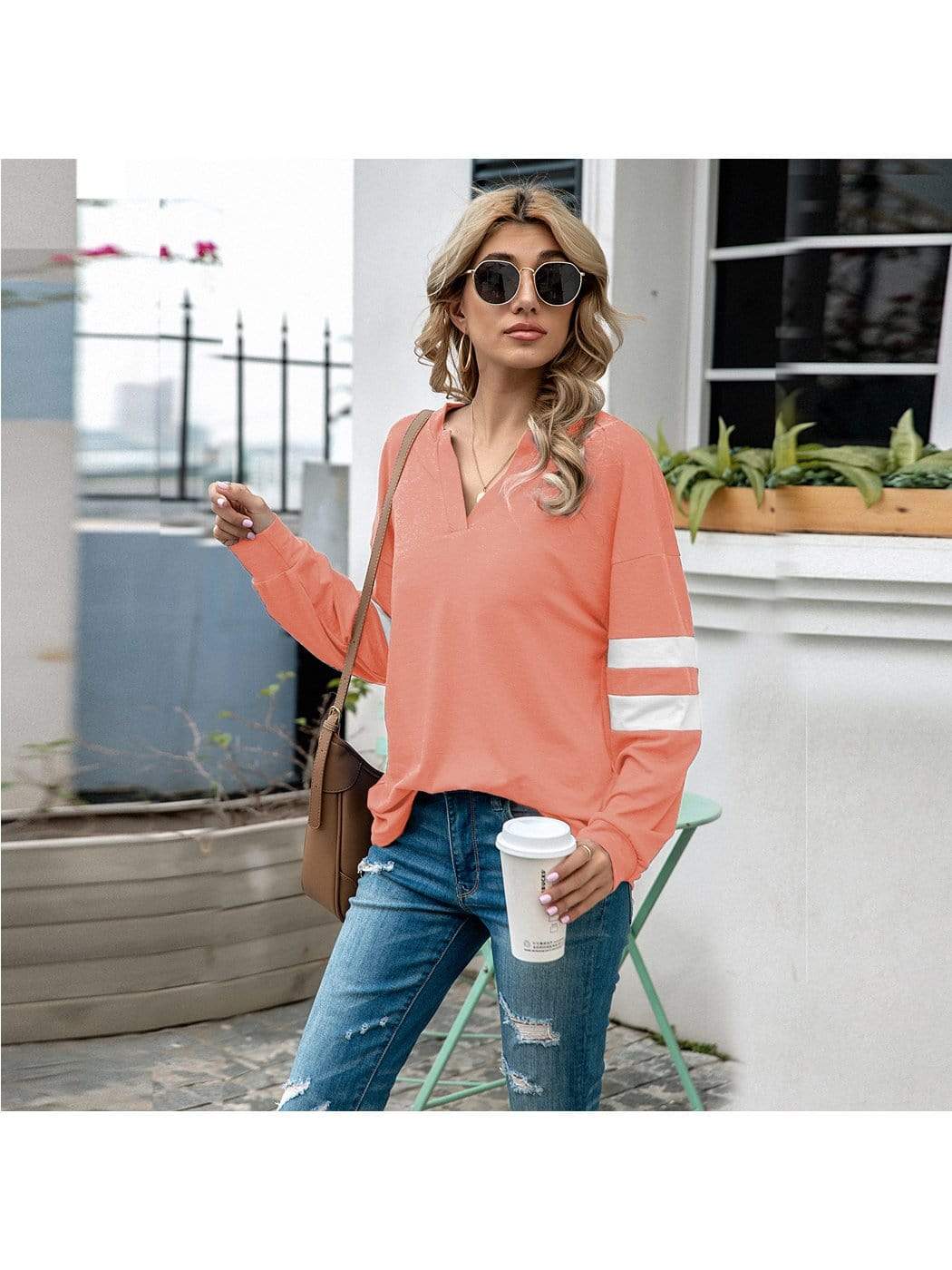 Anna-Kaci V Neck Contrast Striped Long Sleeve Oversized Sweater for Women