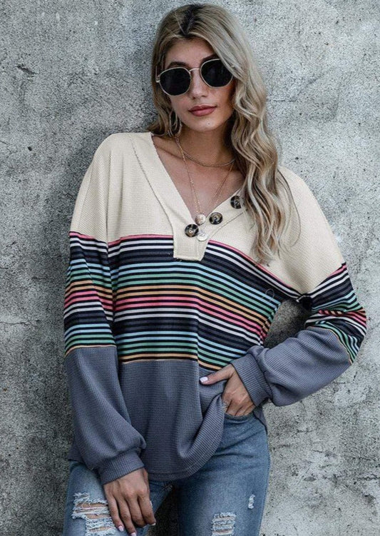 Anna-Kaci V Neck Rainbow Striped Color Block Oversized Sweater for Women L / Tan