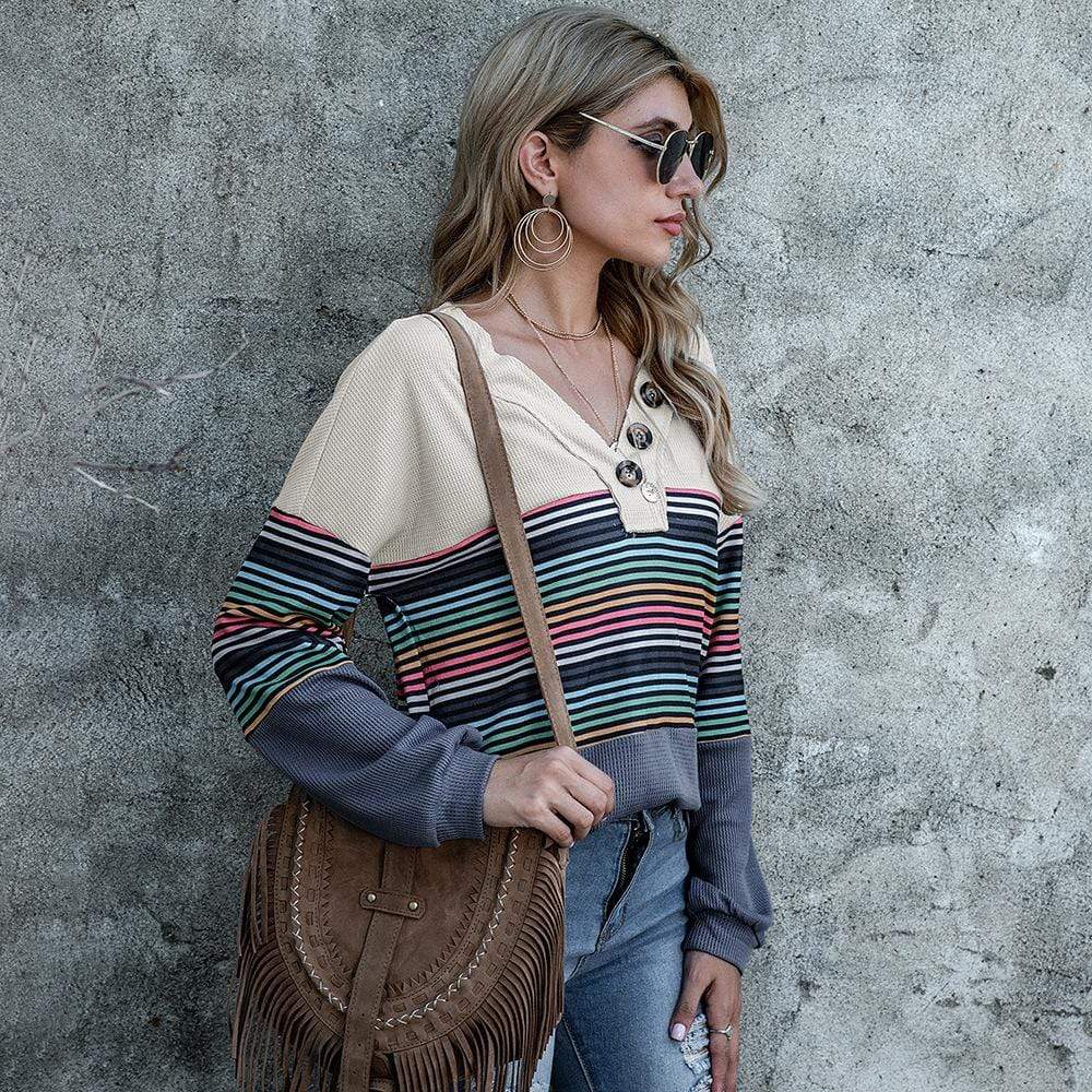 Anna-Kaci V Neck Rainbow Striped Color Block Oversized Sweater for Women