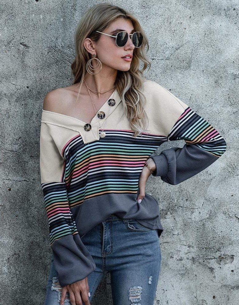 Anna-Kaci V Neck Rainbow Striped Color Block Oversized Sweater for Women