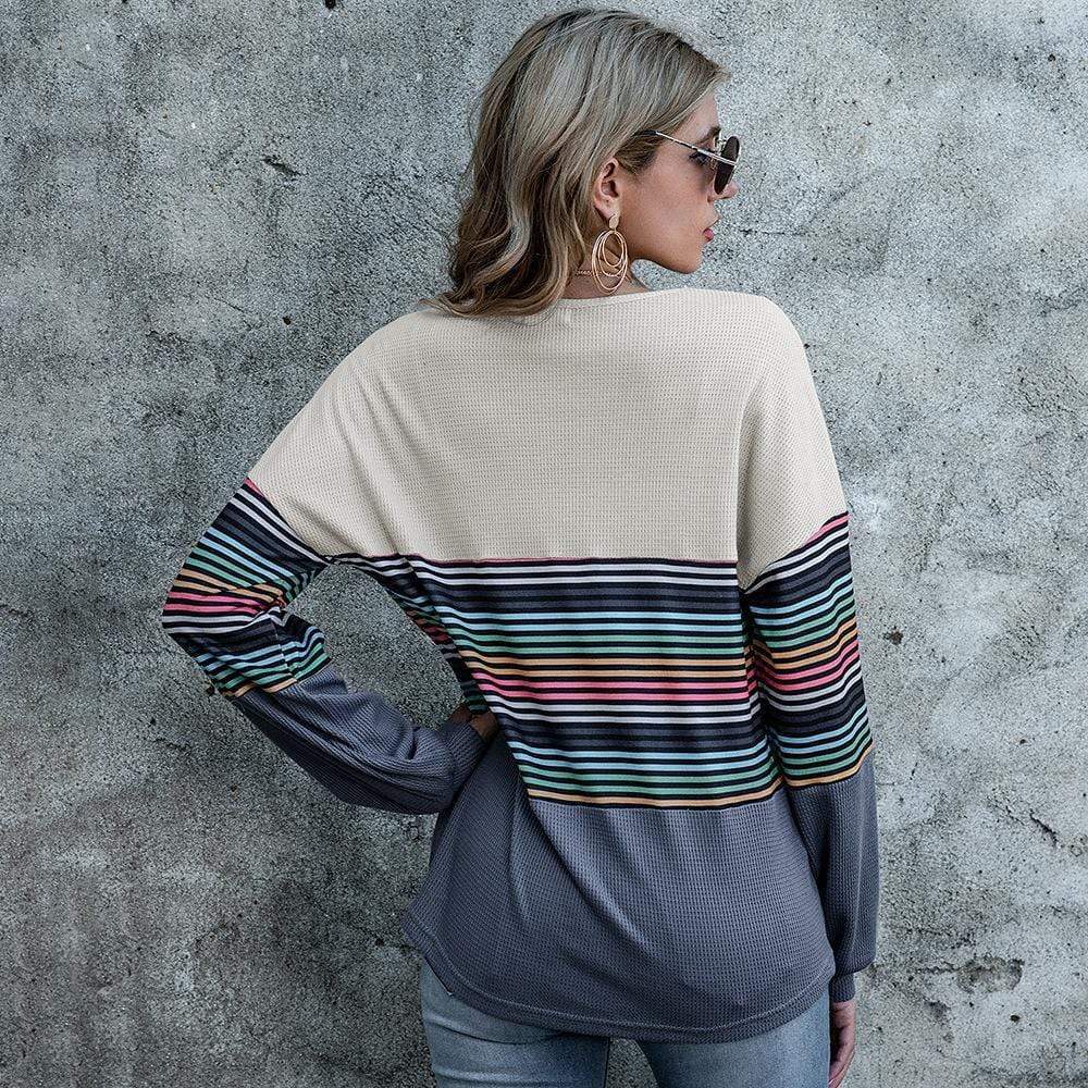 Anna-Kaci V Neck Rainbow Striped Color Block Oversized Sweater for Women