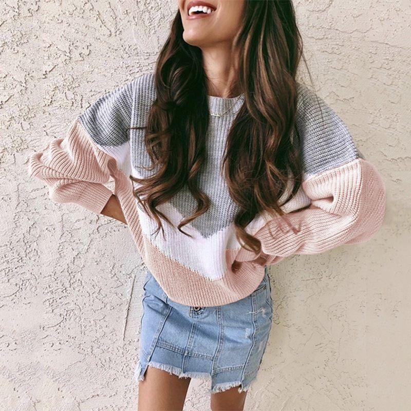 Anna-Kaci V Striped Color Block Waffle Knit Long Sleeve Pullover Top for Women Large 8-10 / Gray