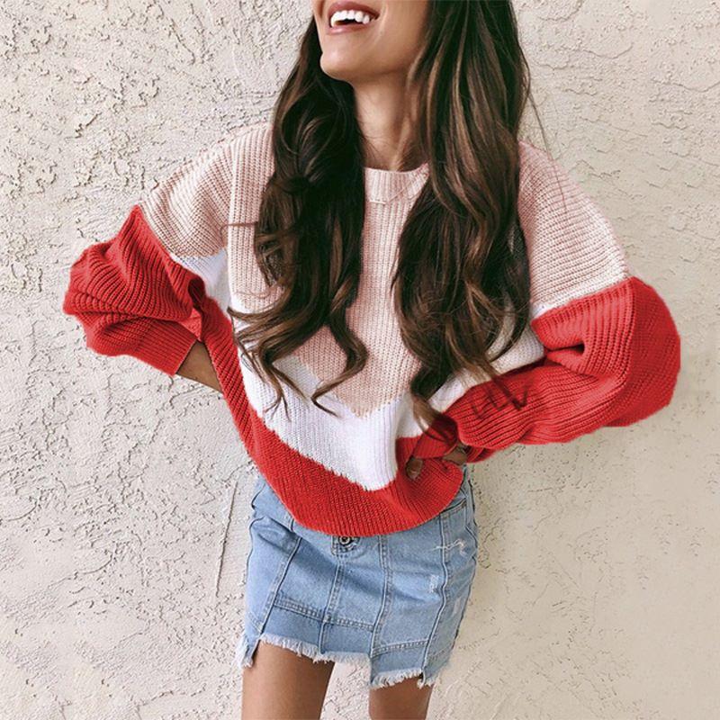 Anna-Kaci V Striped Color Block Waffle Knit Long Sleeve Pullover Top for Women Large 8-10 / Red