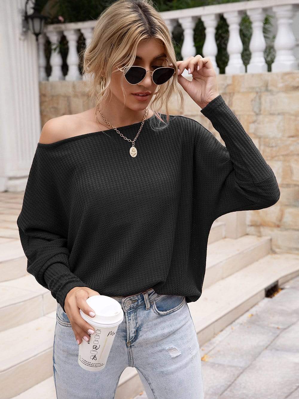 Anna-Kaci Waffle Knit One Off Shoulder Long Sleeve Top Solid Color for Women Large 8-10 / Black