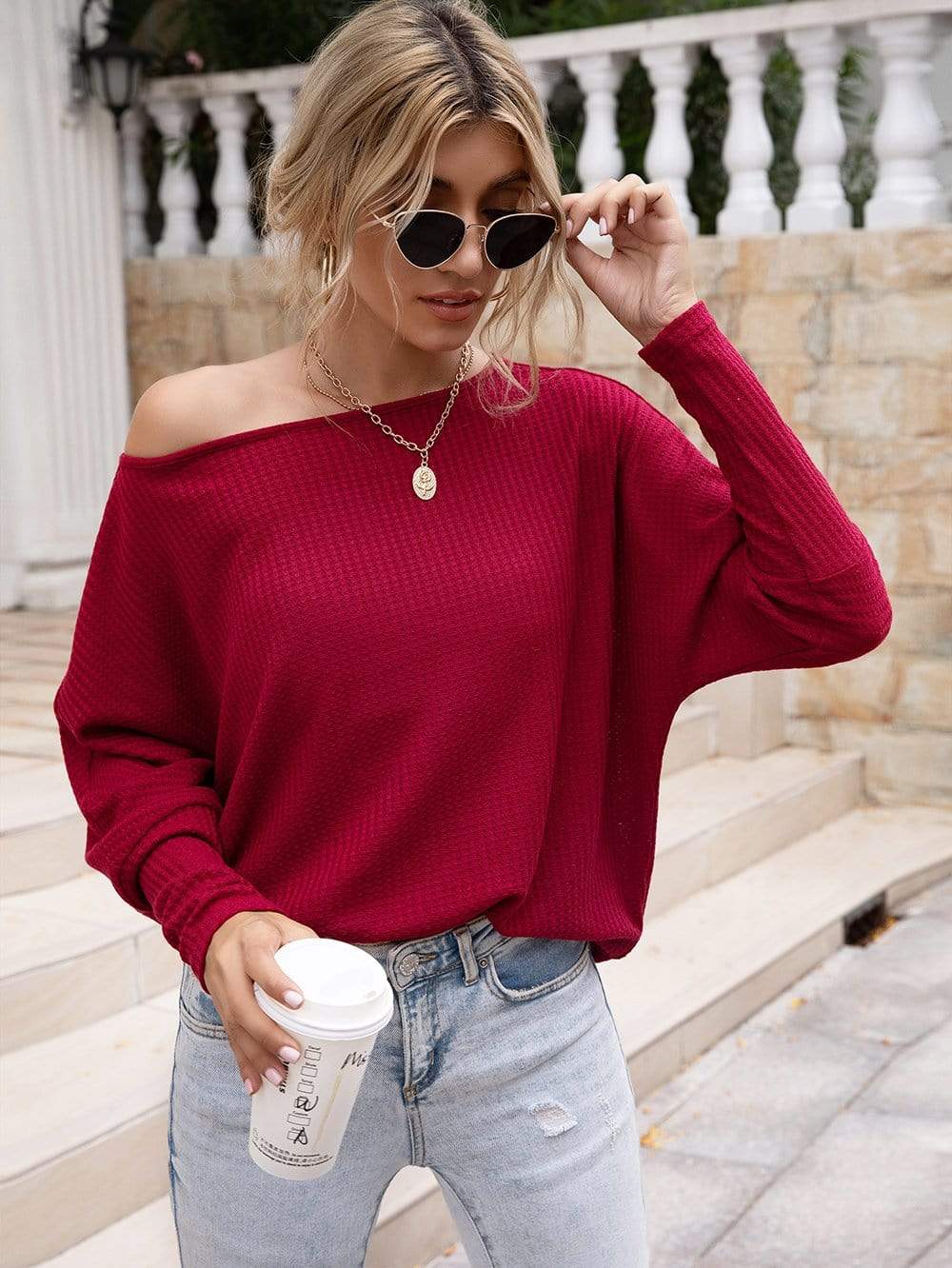 Anna-Kaci Waffle Knit One Off Shoulder Long Sleeve Top Solid Color for Women Large 8-10 / Red