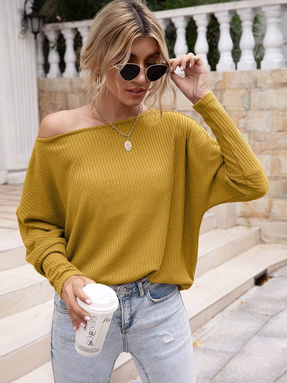 Anna-Kaci Waffle Knit One Off Shoulder Long Sleeve Top Solid Color for Women Large 8-10 / Yellow