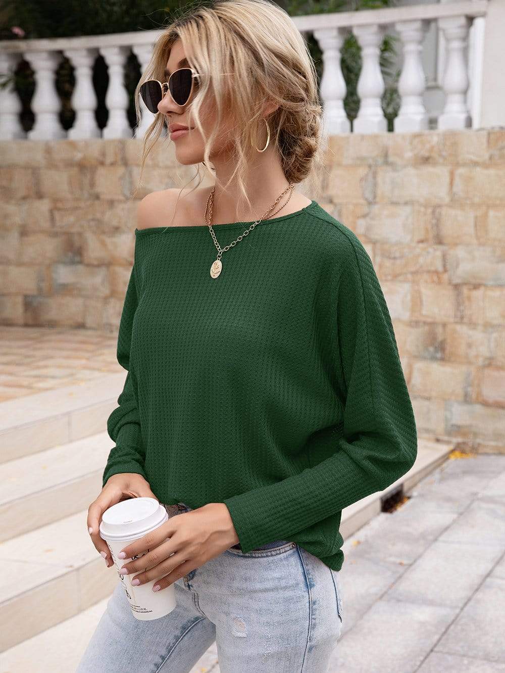 Anna-Kaci Waffle Knit One Off Shoulder Long Sleeve Top Solid Color for Women
