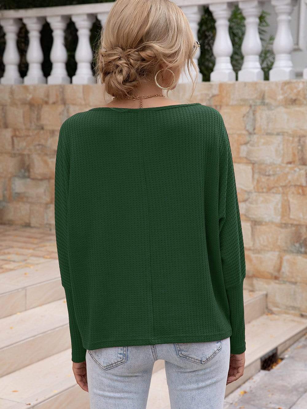 Anna-Kaci Waffle Knit One Off Shoulder Long Sleeve Top Solid Color for Women