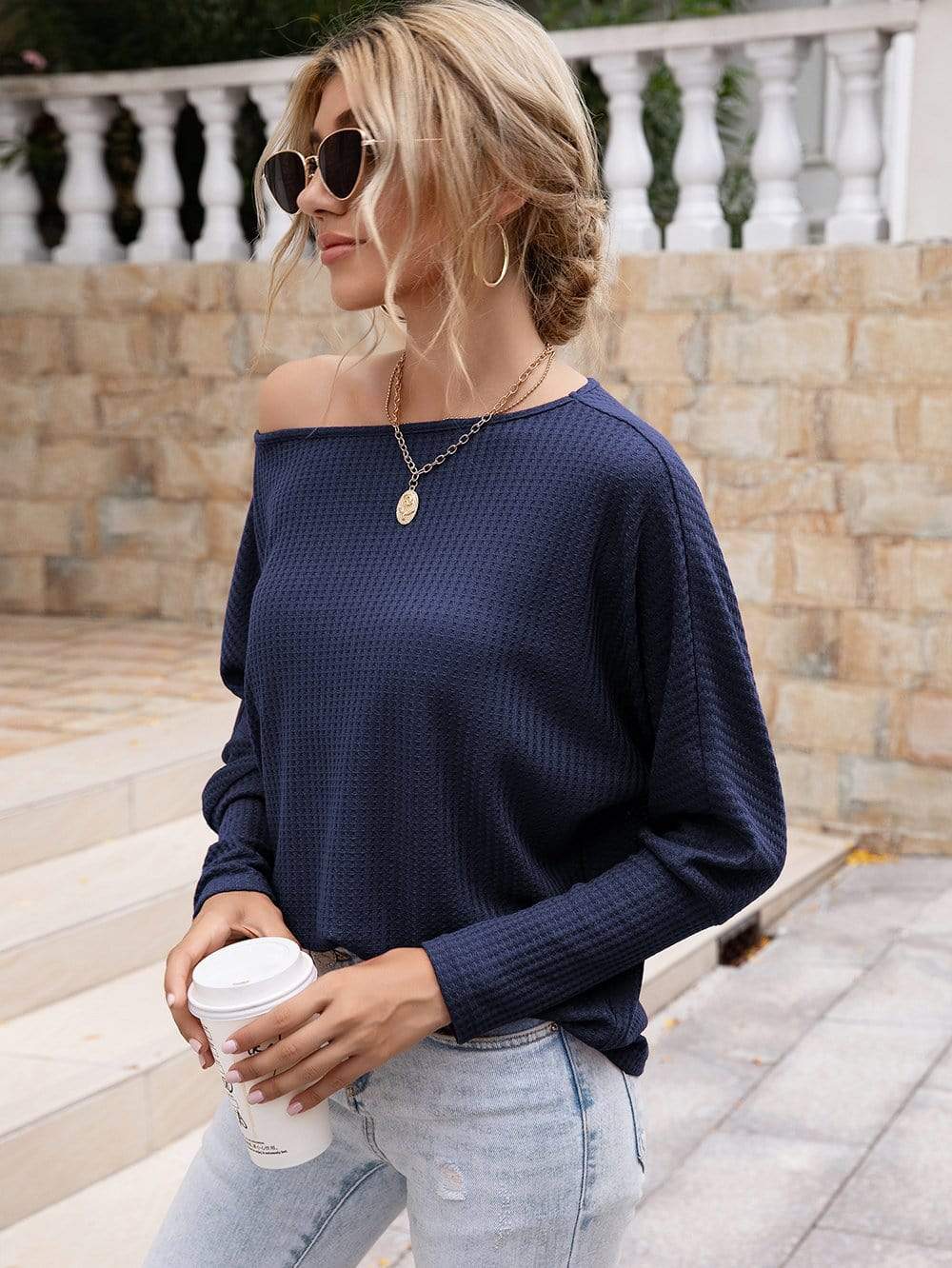 Anna-Kaci Waffle Knit One Off Shoulder Long Sleeve Top Solid Color for Women